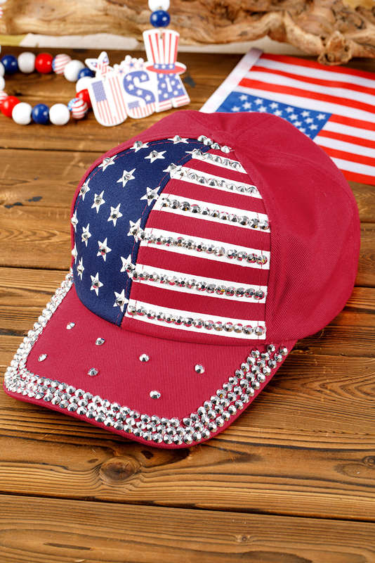 Fiery Red American Flag Rhinestone Decor Baseball Cap