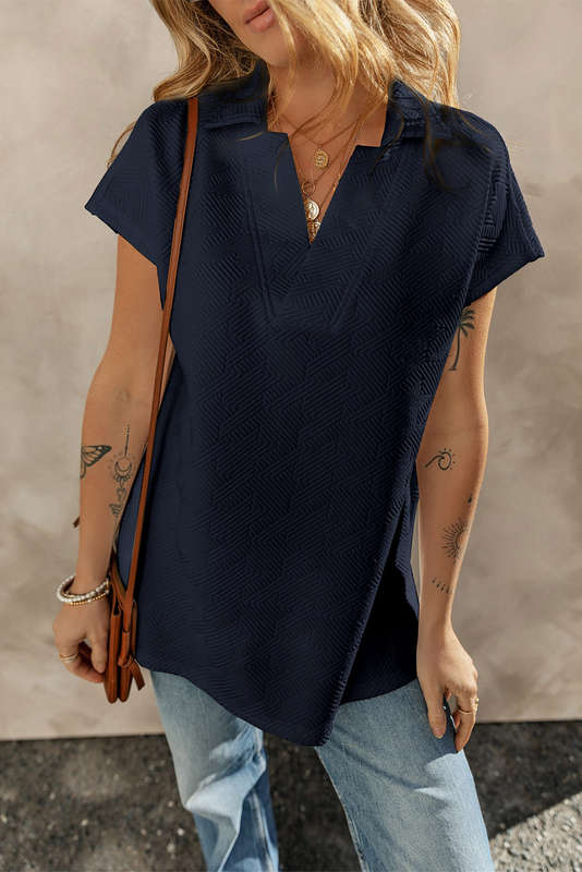Navy Blue Textured V Neck Collared Short Sleeve Top