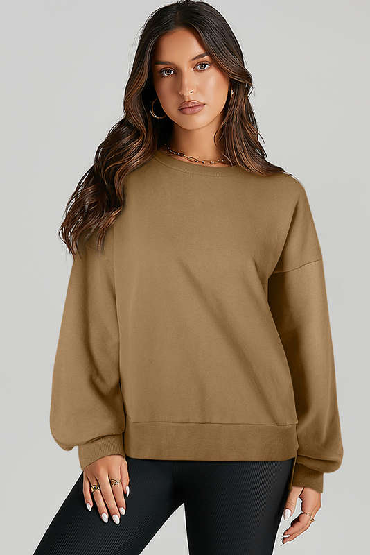 Brown Solid O Neck High Low Hem Pullover Sweatshirt