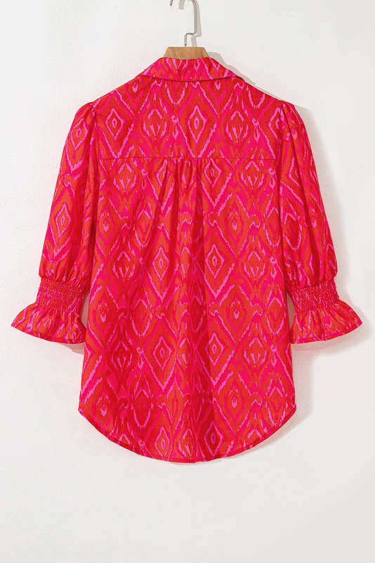 Strawberry Pink Western Aztec Geometric Ruffled 3/4 Sleeve Shirt