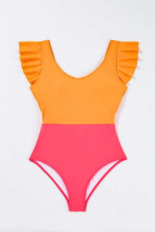 Vitality Orange Color Block Ruffled Knotted Backless One Piece Swimsuit