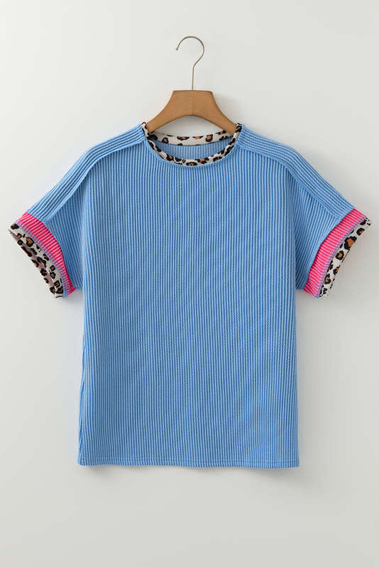 Sky Blue Leopard Patchwork Corded Knit Crew Neck T Shirt