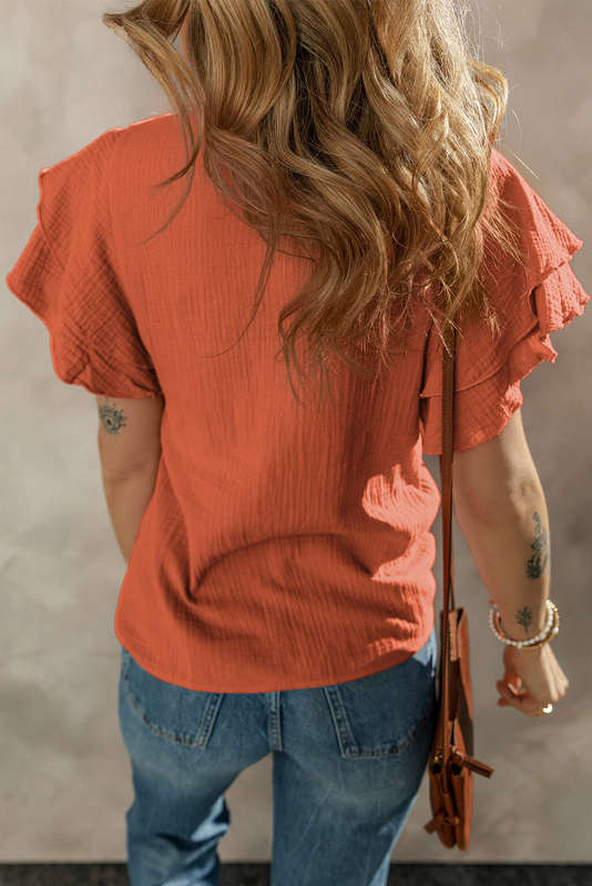 Orange Crinkled Cotton Gauze Ruffle Sleeve Blouse