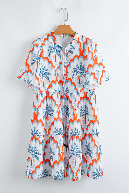 Orange Contrast Palm Tree Printed Short Sleeve Flowy Dress