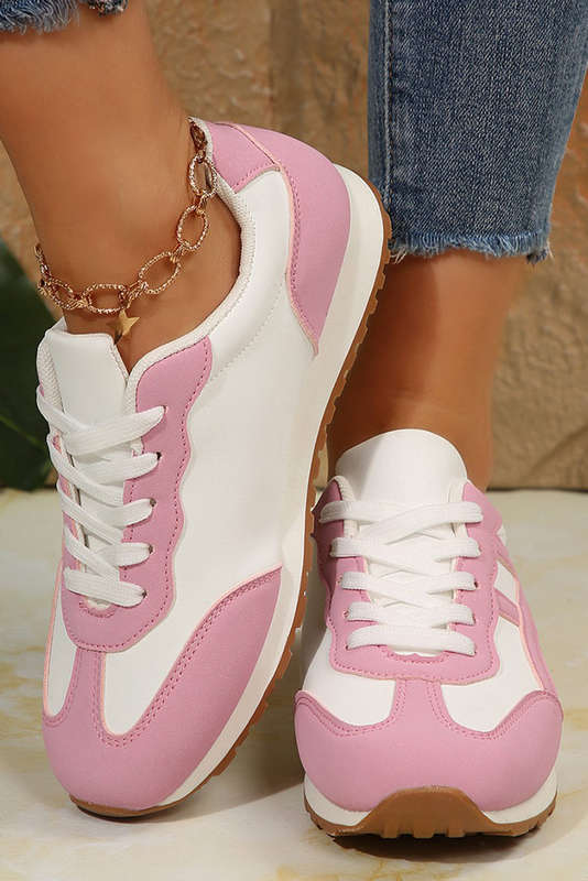 Pink Color Block Lace-up PU Leather Sneakers