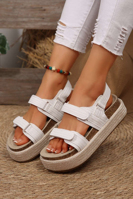 White Double Velcro Woven Platform Sandals