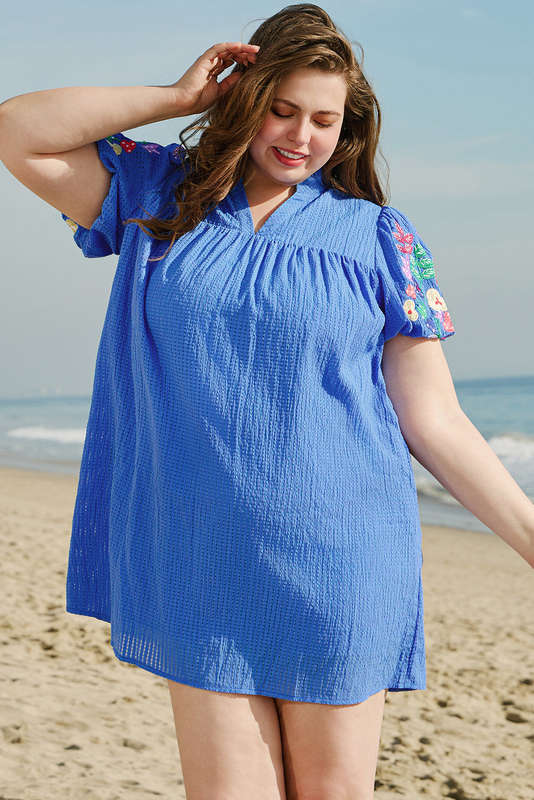 Sky Blue Plus Size Floral Embroidered Puff Sleeve Gingham Mini Dress