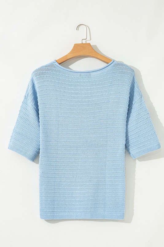 Sky Blue Textured Knit Drop Shoulder Short Sleeve Sweater