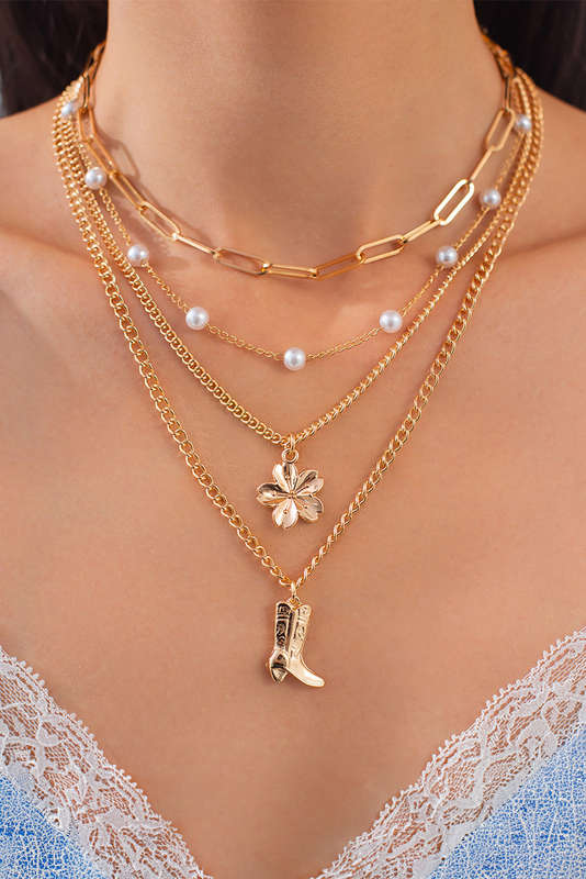 Gold Plated Flower Boot Pendent Pearl Chaining Necklace
