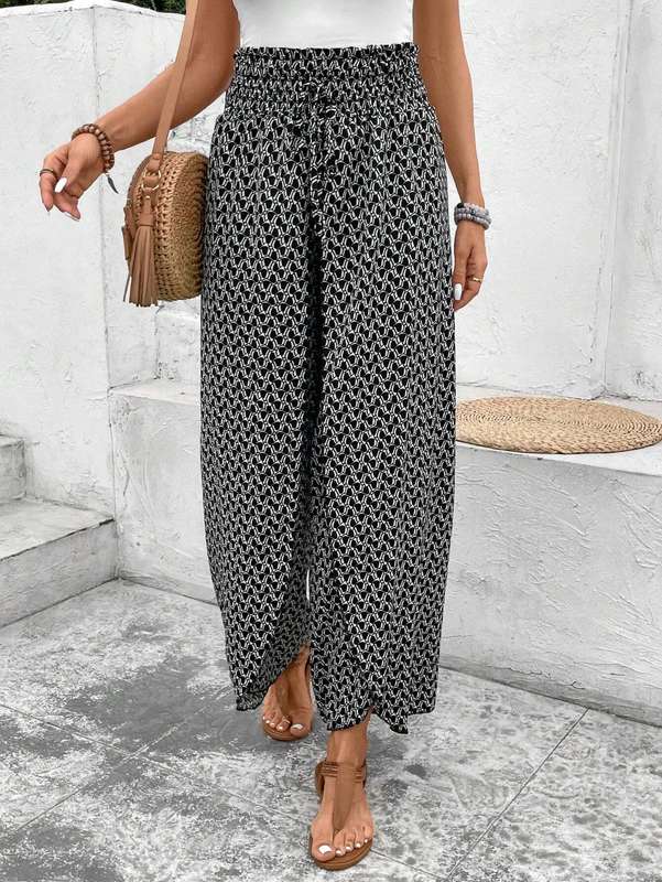 Black Bohemian Print Slit Wide Leg Smocked High Waist Pants