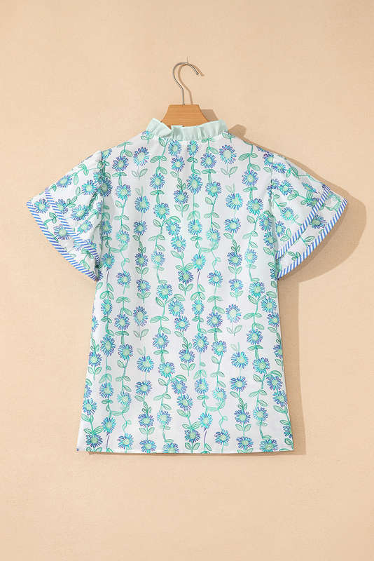 Green Floral Print Striped Detail Contrast V Neck Patchwork Flutter Sleeve Blouse