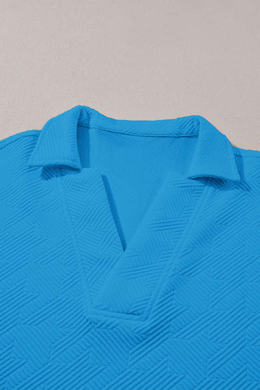 Sky Blue Textured V Neck Collared Short Sleeve Top