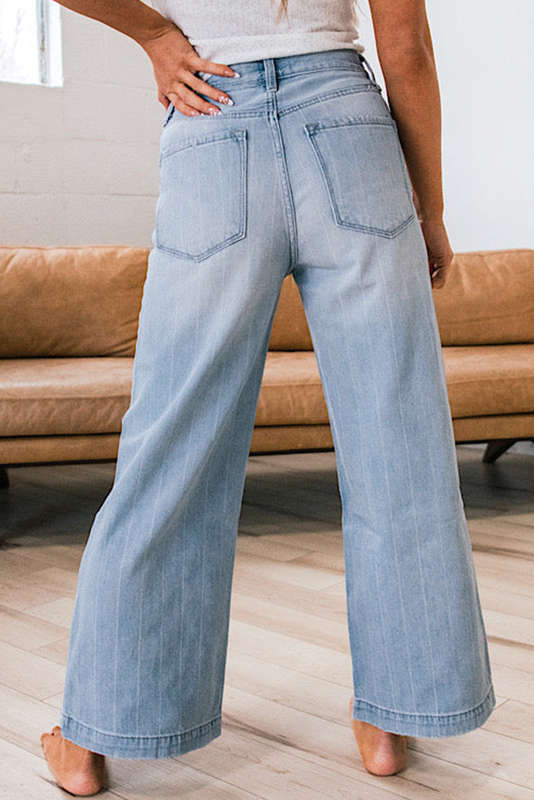Beau Blue Multi Buttons Pinstripe Wide Leg Jeans