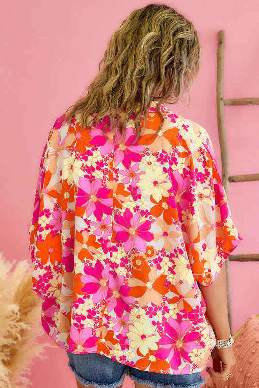 Red Floral Short Sleeve Slit Neck Plus Size Blouse
