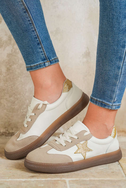 Gold Shimmer Star Patch Colorblock Lace up Retro Flattie