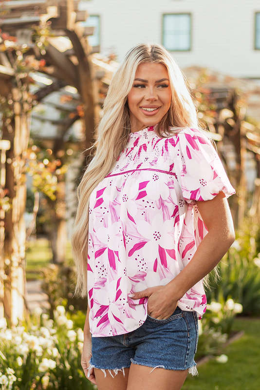 Rose Floral Frilled Collar Short Sleeve Blouse Top