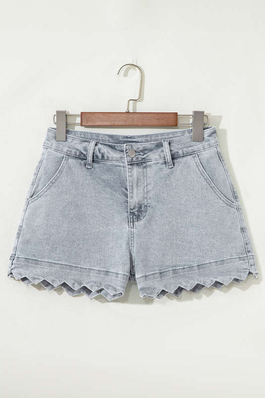 Dusk Blue Scalloped Hemline Acid Wash High Waist Denim Shorts