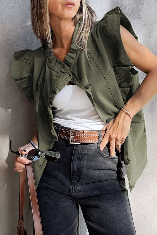 Green Bay Ruffled Patchwork Denim Jacket Vest