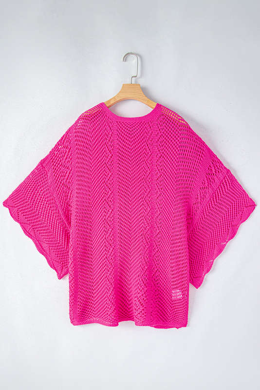 Rose Red Pointelle Knit Scallop Edge Short Sleeve Top