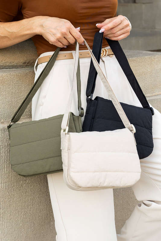 Black Solid Minimalist Foldover Puffer Crossbody Bag