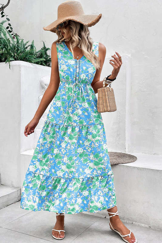 Sky Blue Floral Print Trimmed V Neck Tie Waist Sleeveless Holiday Long Dress