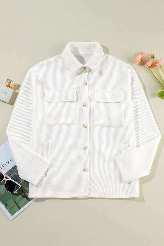White Solid Color Corduroy Buttoned Long Sleeve Shacket