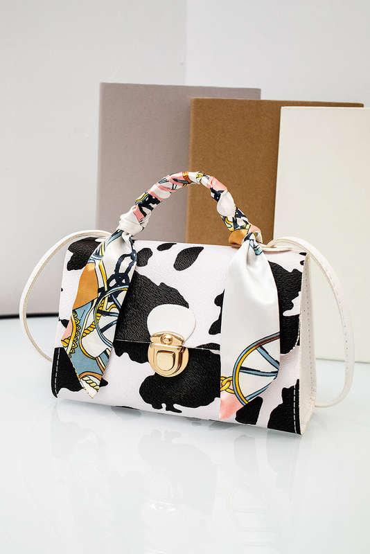 White Printed Ribbon Decor Cow Spots PU Leather Bag
