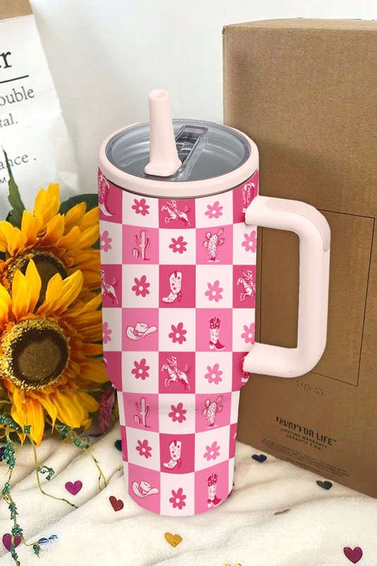 Rose Red Western Pattern Flower Checkered Print Insulated Tumbler 40OZ