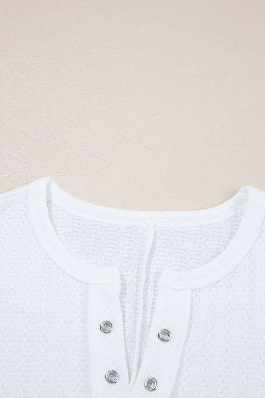 White Textured Hollow Grommet Placket Split Neck Short Sleeve Top
