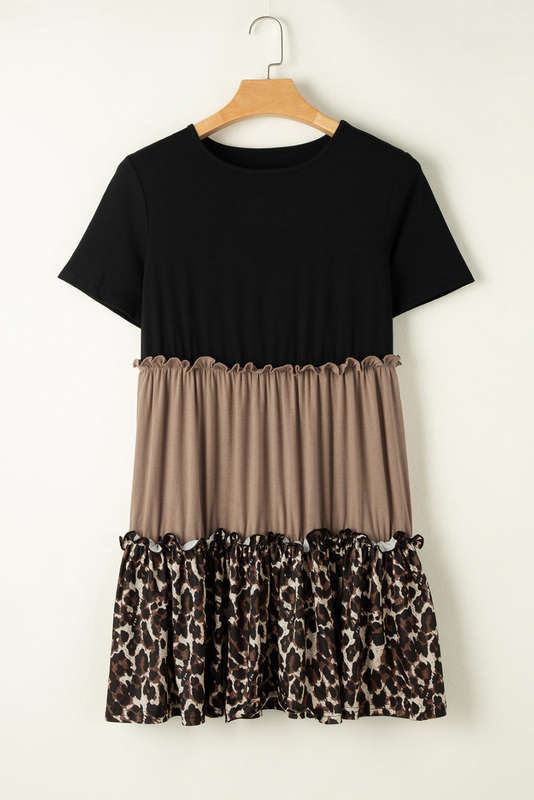 Light French Beige Leopard Print Colorblock Frill Trim T-shirt Dress