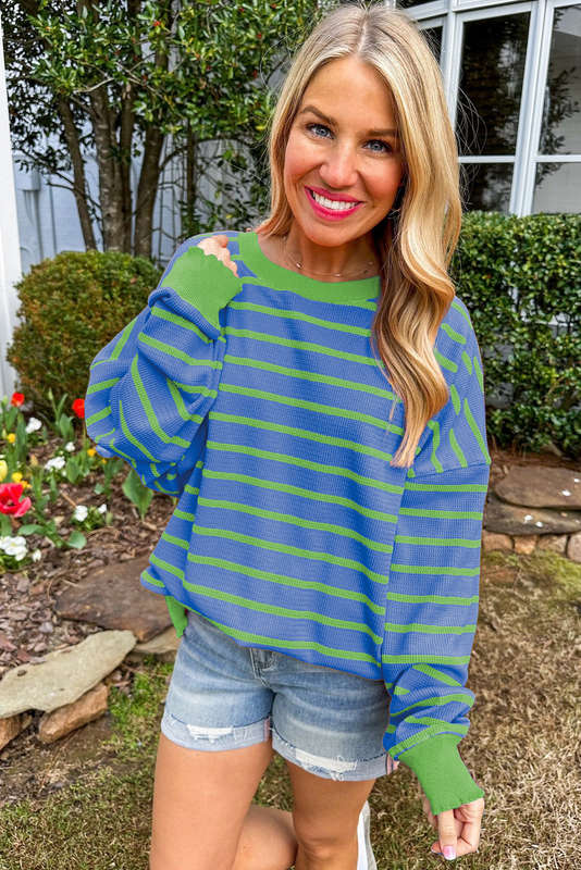 Blue V-Neck Knitted Summer Top with Exposed Seams