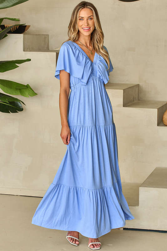 Sky Blue Textured V Neck Flutter Sleeve Ruffled Maxi Dress