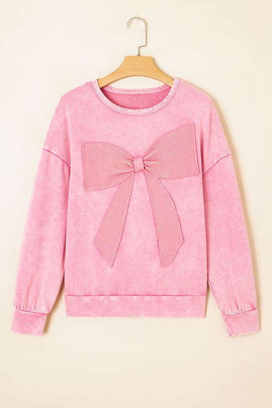 Bright Pink Mineral Wash Big Bow Patchwork Pullover Sweatshirt