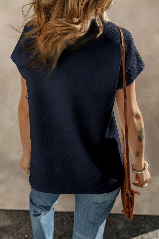 Navy Blue Textured V Neck Collared Short Sleeve Top