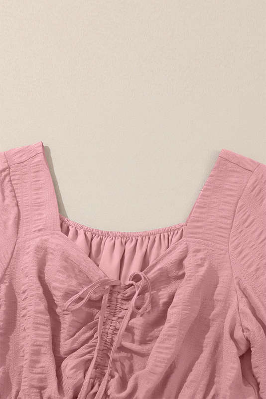 Pink Lace-up Ruched Front Long Sleeve Ruffle Hem Plus Size Midi Dress