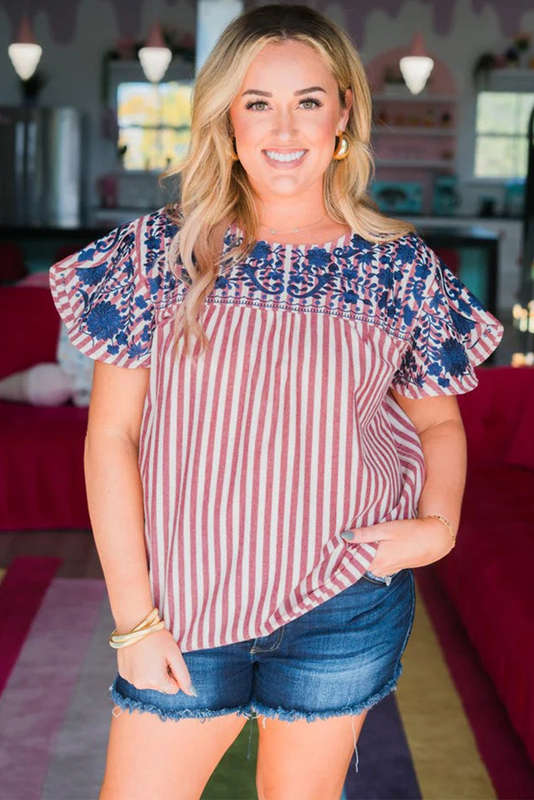 Red Stripe Plus Size Floral Embroidered Petal Sleeve Blouse