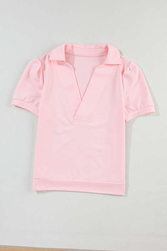 Pink Collared V Neck Puff Sleeve T-shirt