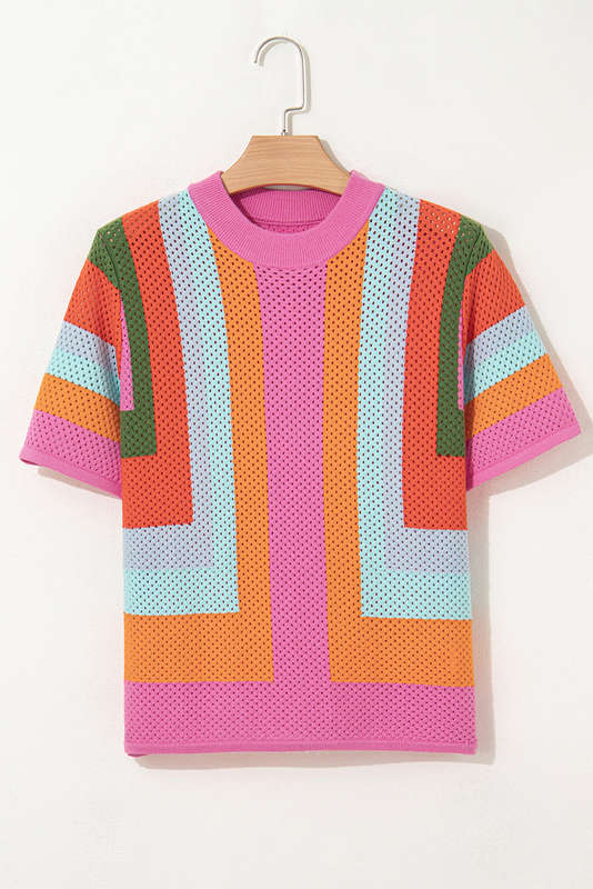 Orange Color Block Eyelet Casual Sweater T Shirt