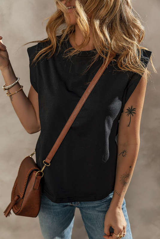 Black Cuffed Armhole Loose Tank Top
