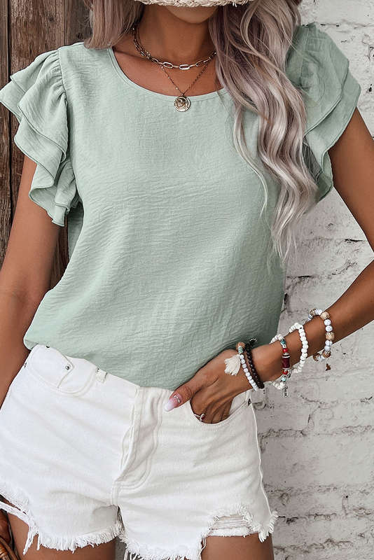Clearly Aqua Solid Color Ruffled Short Sleeve Casual Blouse