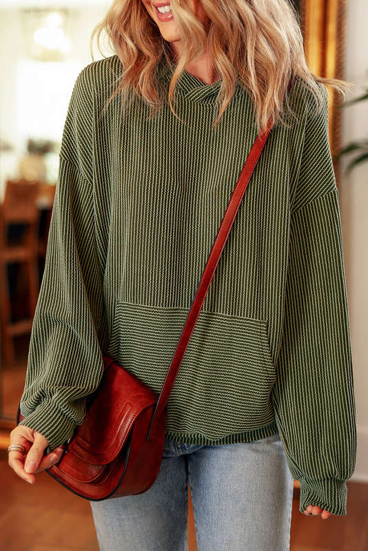 Jungle Green Twisted Rib Texture Solid Hoodie