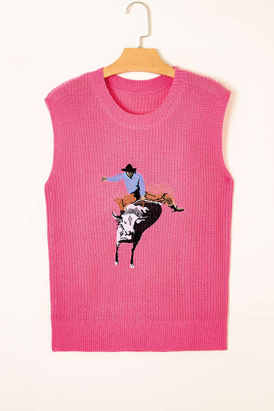 Bright Pink Western Cowboy Embroidery Round Neck Sleeveless Sweater