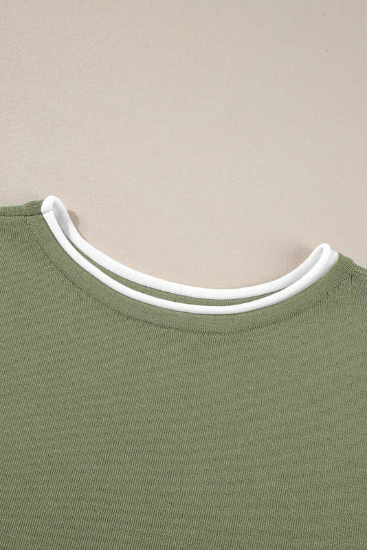 Guacamole Green Contrast Trim Half Sleeve Top Drawstring Pants Loose 2pcs Sweater Suit