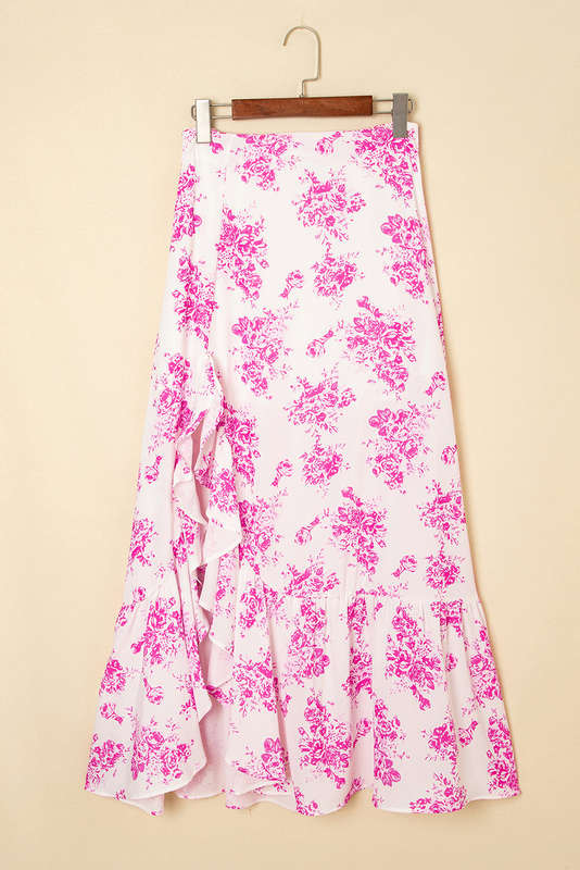 Rose Boho Floral High Waist Ruffle Split Maxi Skirt