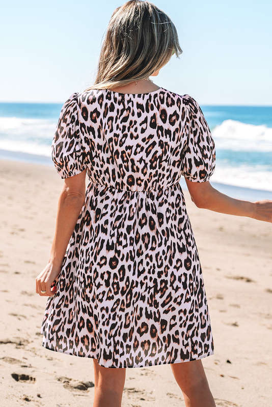 Brown Leopard Tied Front Keyhole Puff Short Sleeve Mini Dress