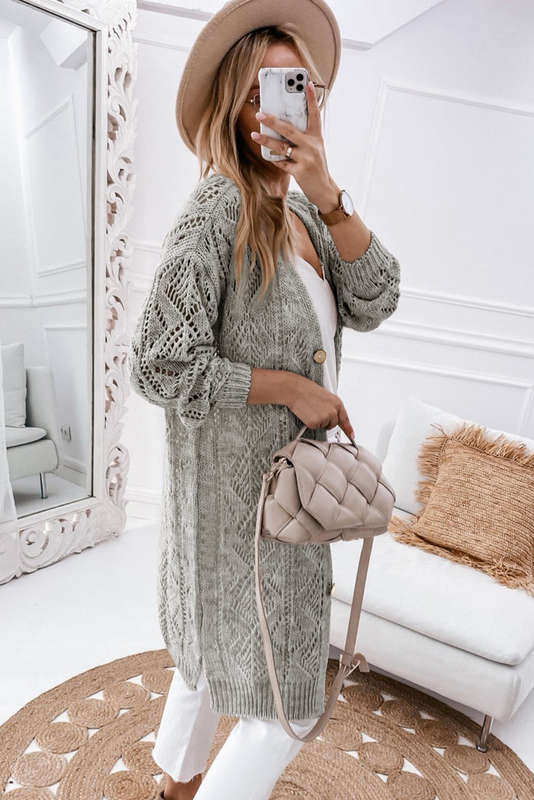 Gray Hollow-out Openwork Knit Cardigan