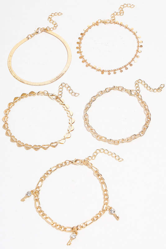 Gold Sweet Heart Rhinestone Dangle 5-piece Anklets