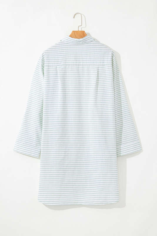 White Stripe Collared V Neck Chest Pocket Long Sleeve Beach Cover up