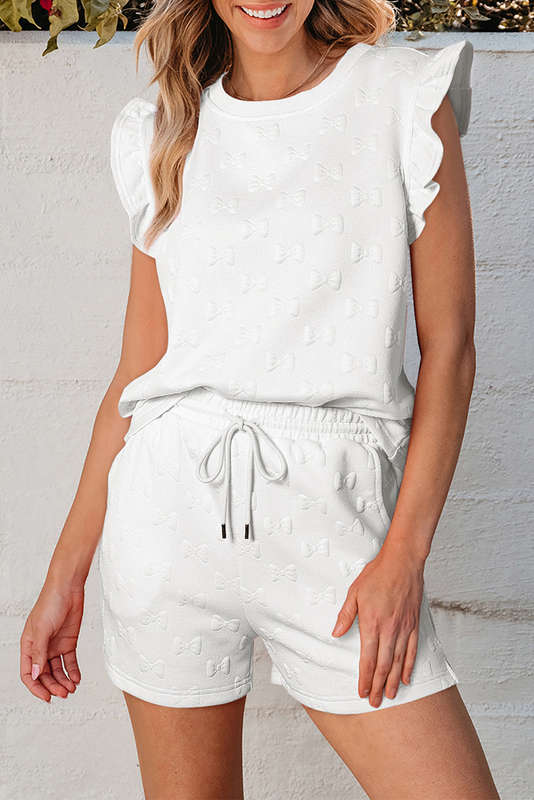 White Bow Jacquard Ruffle Sleeve Short 2pcs Outfit