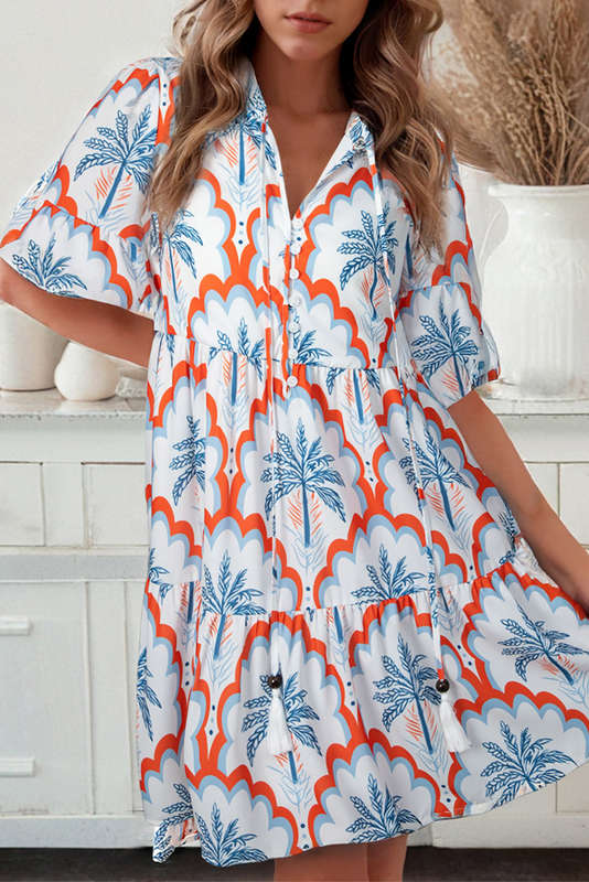 Orange Contrast Palm Tree Printed Short Sleeve Flowy Dress